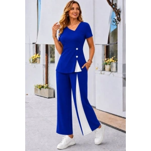 Kadın Kısa Kollu Asimetrik V Yakalı Yandan Düğmeli Janjankrep Bluz Ve Pantolon Ikili Takım