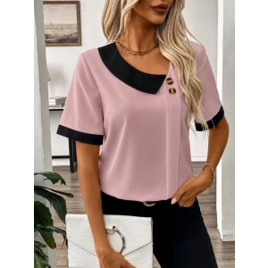 Kadın Kısa Kollu Asımetrik Yaka Detaylı Düğmeli Dubai Bluz