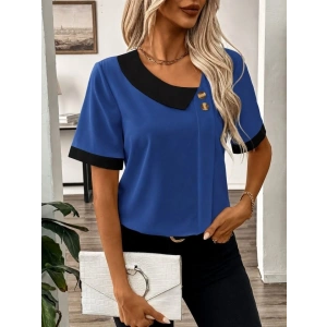 Kadın Kısa Kollu Asımetrik Yaka Detaylı Düğmeli Dubai Bluz