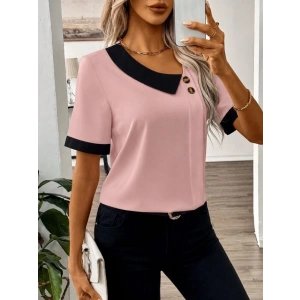 Kadın Kısa Kollu Asımetrik Yaka Detaylı Düğmeli Dubai Bluz