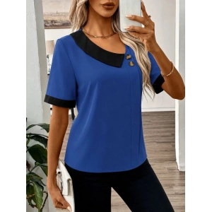 Kadın Kısa Kollu Asımetrik Yaka Detaylı Düğmeli Dubai Bluz
