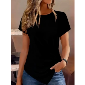 Kadın Kısa Kollu Bisiklet Yaka Asimetrik Kesim Detaylı Viskon Bluz
