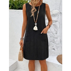 Kadın Kısa Kollu Bisiklet Yaka Cepli Kısa Keten Elbise
