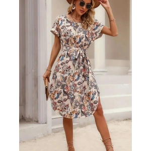 Kadın Kısa Kollu Bisiklet Yaka çiçek Desenli Kuşaklı Süprem Midi Elbise