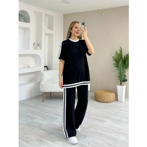 Kadın Kısa Kollu Bisiklet Yaka çift Renk şerit Detaylı Viskon Iki Iplik Bluz Ve Pantolon Ikili Takım