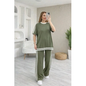 Kadın Kısa Kollu Bisiklet Yaka çift Renk şerit Detaylı Viskon Iki Iplik Bluz Ve Pantolon Ikili Takım