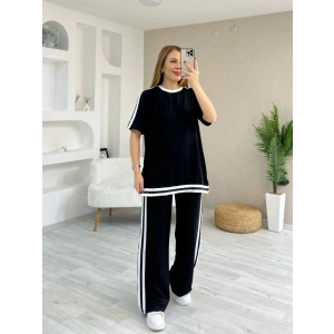 Kadın Kısa Kollu Bisiklet Yaka çift Renk şerit Detaylı Viskon Iki Iplik Bluz Ve Pantolon Ikili Takım