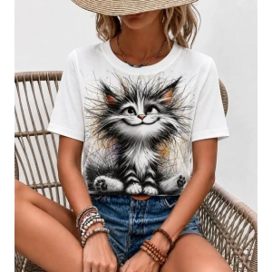 Kadın Kısa Kollu Bisiklet Yaka Kedi Baskılı Süprem Bluz