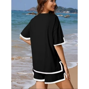 Kadın Kısa Kollu Bisiklet Yaka şerit Detaylı Viskon Iki Iplik Bluz Ve Kısa Short Ikili Takım