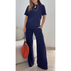 Kadın Kısa Kollu Bisiklet Yaka Viskon Iki Iplik Bluz Ve Pantolon Ikili Takım