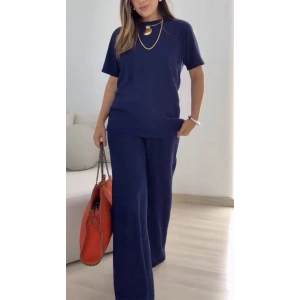 Kadın Kısa Kollu Bisiklet Yaka Viskon Iki Iplik Bluz Ve Pantolon Ikili Takım