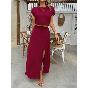 Kadın Kısa Kollu Bisiklet Yaka Viskon Krop Bluz Ve Uzun Etek Ikili Takım