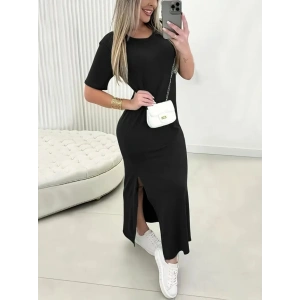 Kadın Kısa Kollu Bisiklet Yaka Yandan Yırtmaçlı Viskon Elbise