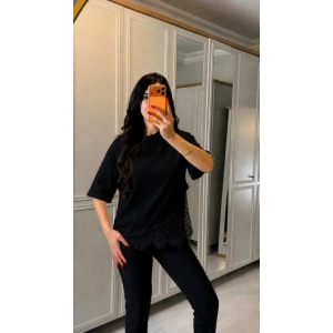 Kadın Kısa Kollu Bisiklet Yakalı Dantel Detaylı Viskon Iki Iplik Bluz