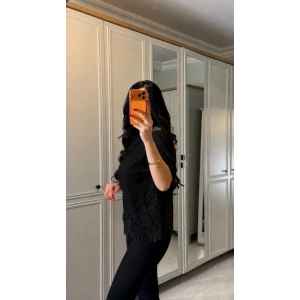 Kadın Kısa Kollu Bisiklet Yakalı Dantel Detaylı Viskon Iki Iplik Bluz