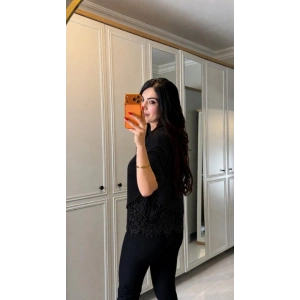 Kadın Kısa Kollu Bisiklet Yakalı Dantel Detaylı Viskon Iki Iplik Bluz