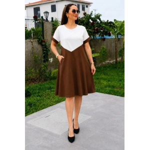 Kadın Kısa Kollu Bisiklet Yakalı önden Geometrik şekil Detaylı çift Renkli Kısa Viskon Elbise