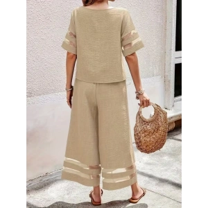 Kadın Kısa Kollu Bisiklet Yakalı Tül şerit Detaylı Bluz Ve Pantolon Ikili Takım