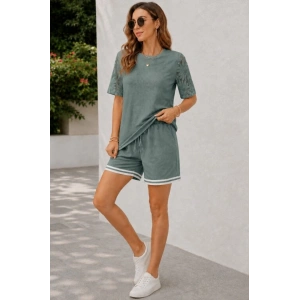 Kadın Kısa Kollu Bisiklet Yakalı Waffle Bluz Ve Short Ikili Takım