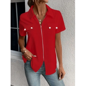 Kadın Kısa Kollu Ceket Yaka önü Fermuarlı Cep Detay Kısa Kol Ithal Krep Bluz