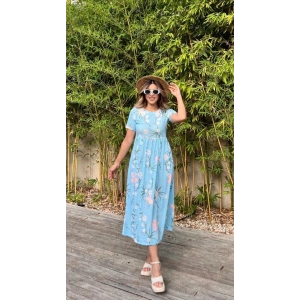 Kadın Kısa Kollu çiçek Baskı Midi Boy Süprem Elbise