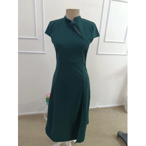 Kadın Kısa Kollu Hakim Yakalı Yırtmaçlı Midi Ithal Krep Elbise