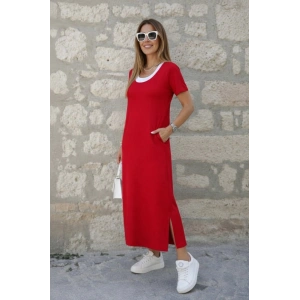 Kadın Kısa Kollu Içi Atlet Görünümlü Yandan Yırtmaçlı Uzun Viskon Elbise