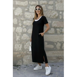 Kadın Kısa Kollu Içi Atlet Görünümlü Yandan Yırtmaçlı Uzun Viskon Elbise
