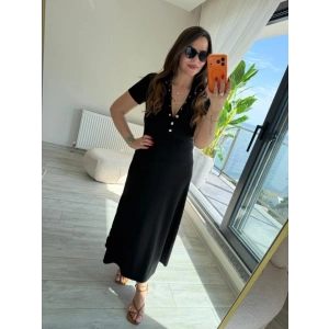 Kadın Kısa Kollu Iki Tarafı Düğme Detaylı Uzun Modal Elbise