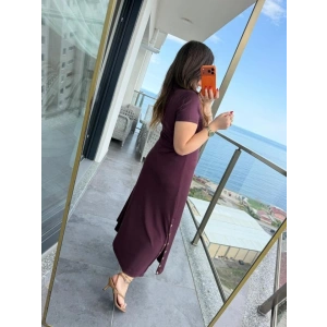 Kadın Kısa Kollu Iki Tarafı Düğme Detaylı Uzun Modal Elbise