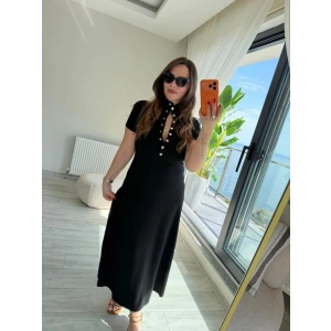 Kadın Kısa Kollu Iki Tarafı Düğme Detaylı Uzun Modal Elbise