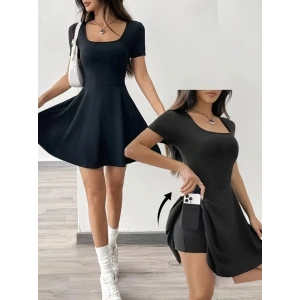 Kadın Kısa Kollu Kare Yaka Short Detaylı Cepli Dalgıç Elbise
