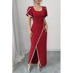 Kadın Kısa Kollu Kare Yakalı önden çapraz Kesim Detaylı Krep Elbise