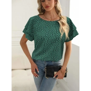 Kadın Kısa Kollu Kolları Volanlı Baskılı Süprem Bluz