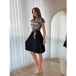 Kadın Kısa Kollu Kolu Fırfır Detay Mini Kuşaklı Kloş Krep Elbise