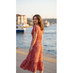 Kadın Kısa Kollu Kruvaze Yaka Beli Lastikli çiçek Desenli Elbise