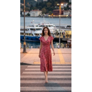 Kadın Kısa Kollu Kruvaze Yaka Beli Lastikli çiçek Desenli Elbise