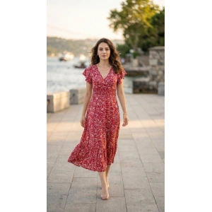 Kadın Kısa Kollu Kruvaze Yaka Beli Lastikli çiçek Desenli Elbise