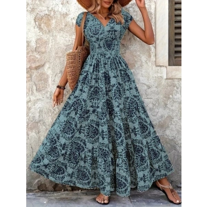 Kadın Kısa Kollu Kruvaze Yaka Beli Lastikli Süprem Maksi Boy Elbise