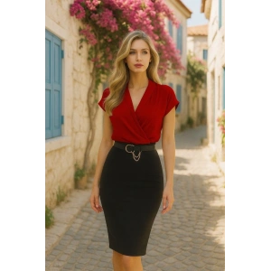 Kadın Kısa Kollu Kruvaze Yaka Krep Elbise (Kemersiz)
