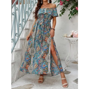 Kadın Kısa Kollu Madonna Yaka Fırfırlı Belden Yırtmaçlı Maksi Süprem Elbise