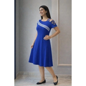 Kadın Kısa Kollu Omuzlardan Açık şerit Detaylı Midi Viskon Elbise
