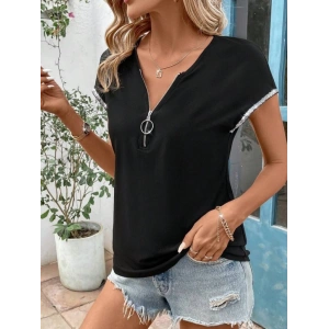 Kadın Kısa Kollu önden Fermuarlı Kol Ucu ışıltılı Viskon Bluz