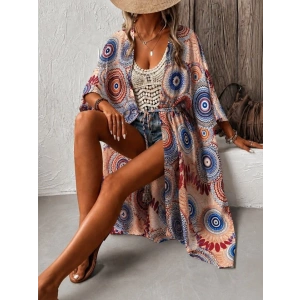 Kadın Kısa Kollu önü Açık Belden Kuşaklı Uzun Kimono