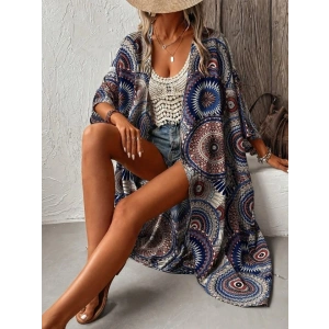 Kadın Kısa Kollu önü Açık Belden Kuşaklı Uzun Kimono