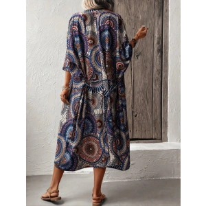 Kadın Kısa Kollu önü Açık Belden Kuşaklı Uzun Kimono