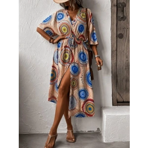 Kadın Kısa Kollu önü Açık Belden Kuşaklı Uzun Kimono