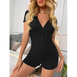 Kadın Kısa Kollu önü Düğmeli Mini Bodycon Fitilli Kaşkorse Tulum