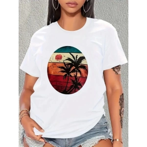 Kadın Kısa Kollu Palmiye Baskılı Viskon T-shirt