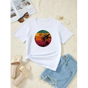 Kadın Kısa Kollu Palmiye Baskılı Viskon T-shirt
